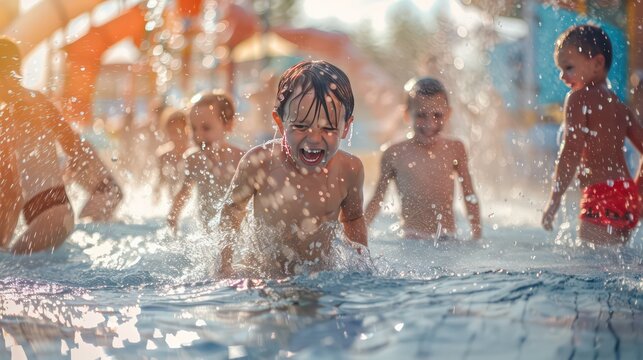 Happy kids have fun in the outdoor water park