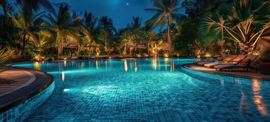 Luxurious tropical resort pool in the night