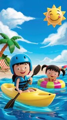 Obraz premium Cute children on holiday are having fun at the sea.. happy children's day concept. 3d cartoon film style