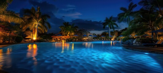 Luxurious tropical resort pool in the night - obrazy, fototapety, plakaty