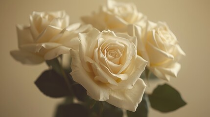   A table holds two vases, each brimming with white roses