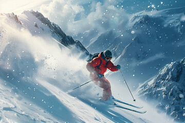 Skier Descending Snowy Mountain Slope. - obrazy, fototapety, plakaty