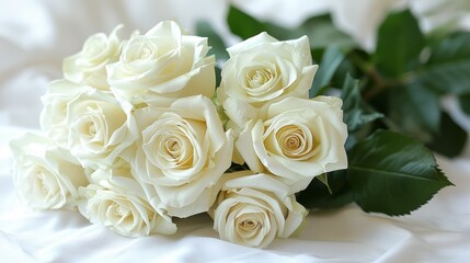   A white rose bouquet atop crisp white sheets, accompanied by a green, leafy twig