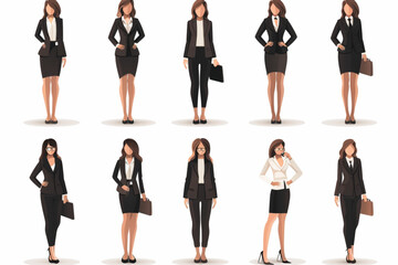 Fototapeta na wymiar Business woman or secretary. Businesswoman stands in full growth holding a folder in her hands. Vector illustration 3D avatars set vector icon, white background, black colour icon