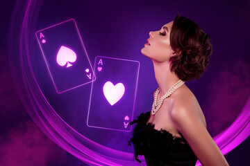 Artwork collage of stunning millionaire girl las vegas casino neon lights smoke effect ace poker...