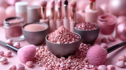 Assortment of Pink Cosmetic Products and Makeup Tools.