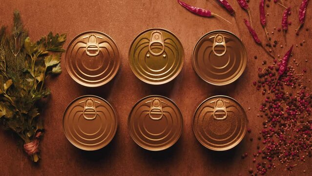  Metal Cans with Canned Food or Pate in orange light top view. Golden and silver cans with pull rings. Canned tourist food and fish or wet pet food, pate