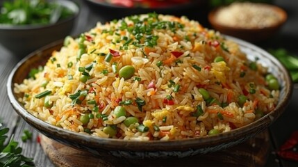   A tight shot of a bowl brimming with rice, embedded with peas and carrots, situated beside other vegetable-filled bowls on the table