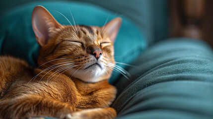 Contented Abyssinian cat relaxing in a cozy home setting with plants. Comfortable and serene domestic life concept for design and print.