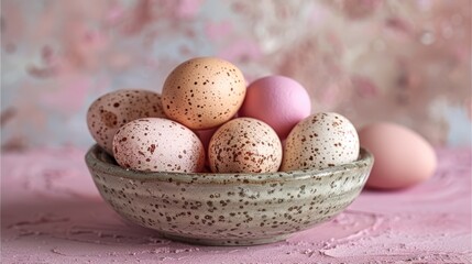 Obraz premium A bowl filled with speckled eggs on a pink tablecloth Background features speckled pink and white eggs