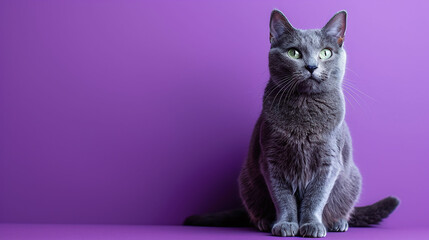 Russian Blue cat with a noble gaze on a vibrant purple background. Elegant and intelligent pet concept for design and print.