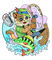 cute cat fisherman, funny illustration