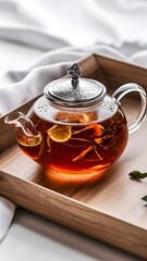 A delicate glass teapot filled with aromatic jasmine tea infused with hints of orange and passion...
