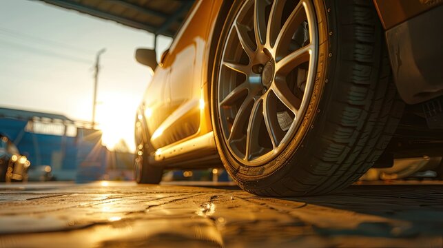 Replacing the sport summer tire on a car wheel at the service station under the warm sunlight is made easy with our cutting edge Concept banner service