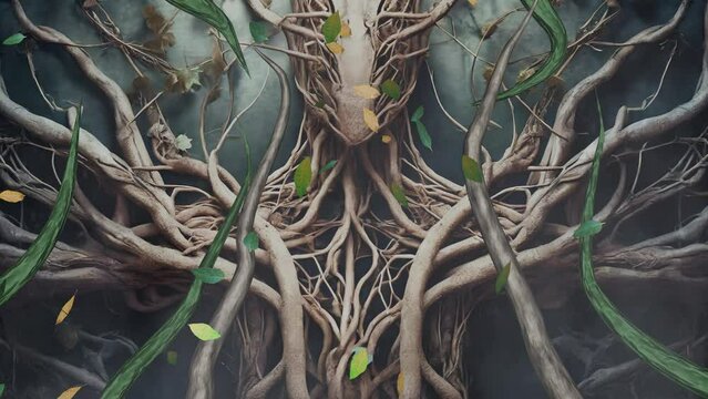 Tree spirit in forest. Growing vines, falling leaves.
Forest spirit being made of wood, tree branches, vines and leaves. 3d animation with AI background.