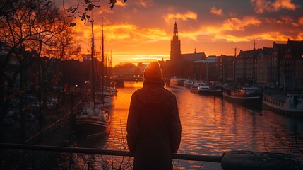 Person Standing on Bridge Watching Sunset