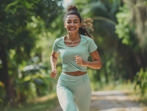 Fit Woman Running Down Dirt Road in Green Outfit