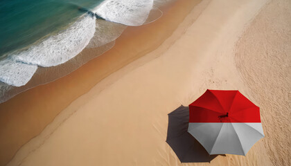 An aerial vista of a sandy beach with gentle ocean waves, featuring a beach umbrella adorned with the Indonesia flag. Ideal for Indonesia tourists seeking seaside relaxation