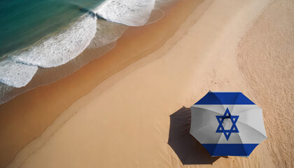 Naklejka premium An aerial vista of a sandy beach with gentle ocean waves, featuring a beach umbrella adorned with the Israel flag. Ideal for Israel tourists seeking seaside relaxation