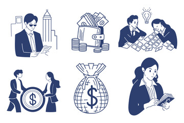 set of finance concepts, money bags, wallets, rich people, business people, Hand drawn Vector illustration