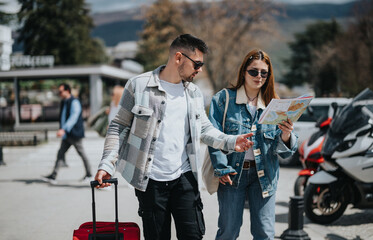 A stylish young couple with a suitcase consults a map outdoors, planning their next destination in a bustling city. They are dressed casually, enjoying their vacation time together.
