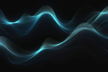 Translate an abstract wave in the style of an intricate network design, dark backdrop, populated by particles symbolizing Big Data, an intense illusion of light breaking through the darkness