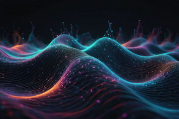 Abstract wave rippling across an inky expanse, network design intertwining with particles symbolizing big data, bright shine piercing through the darkness, 3D rendered, octane rendering, vivid colors - obrazy, fototapety, plakaty