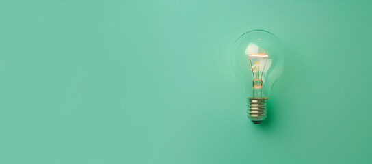 Glowing light bulb with empty space for text on plain green color background, symbolizes sustainable energy.