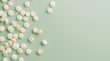 White pills on pastel mint background. Pharmacy theme, Medical Pill antibiotic .