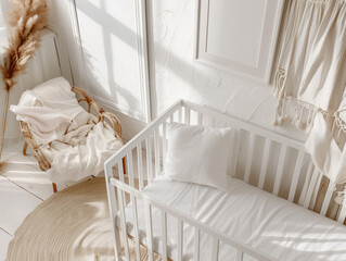 Stylish baby room with empty baby cot with mattress, sheet, pillow and blanket.