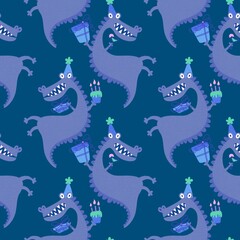 Cartoon monsters dragon seamless birthday crocodile pattern for wrapping paper and fabrics and linens and kids