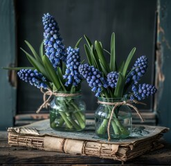   A pair of vases, each holding blue blooms, rests atop a book on a wooden table - obrazy, fototapety, plakaty