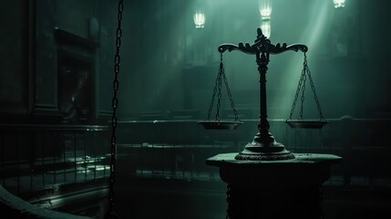 Scales of justice in the dark court hall Legal concepts of the judiciary, jurisprudence and justice process. Legal services, advice, justice and legal concept. - obrazy, fototapety, plakaty