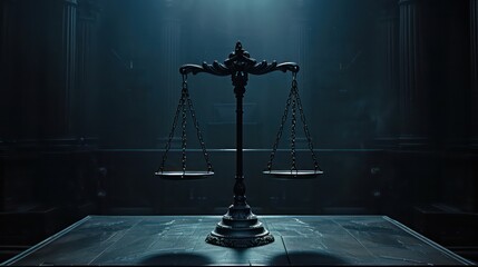 Scales of Justice in the dark Court Hall. Law concept of Judiciary, Jurisprudence and Justice - obrazy, fototapety, plakaty