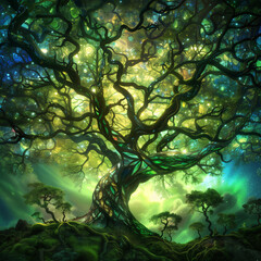 A mystical green tree with glowing branches in a surreal fantasy landscape with a starry night sky.