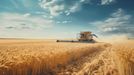 Fototapeta premium A combine in a wheat field.