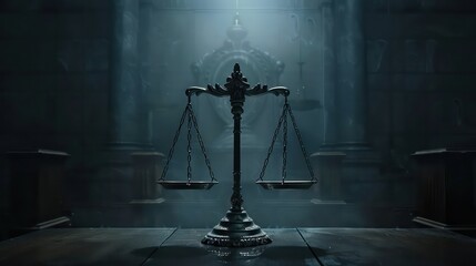 Scales of Justice in the dark Court Hall. Law concept of Judiciary, Jurisprudence and Justice