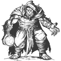 orc mage with magical orb full body images using Old engraving style