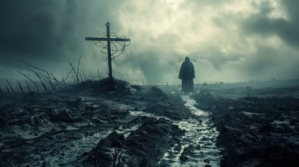Symbolic representation of Jesus walking a path towards Golgotha, with the cross and crown of thorns forming key elements on the redemptive journey - obrazy, fototapety, plakaty