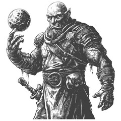Fototapeta na wymiar orc mage with magical orb full body images using Old engraving style