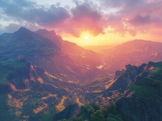 A mountain range with a sun setting in the background. The sky is a mix of blue and pink, creating a serene and peaceful atmosphere