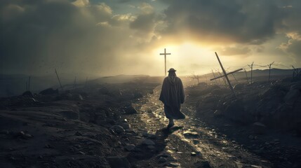 Symbolic representation of Jesus walking a path towards Golgotha, with the cross and crown of thorns forming key elements on the redemptive journey - obrazy, fototapety, plakaty