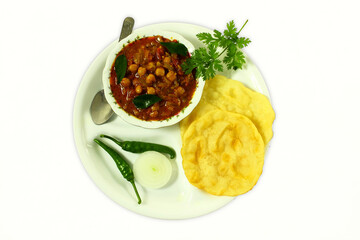 traditional indian gujarati food dish chickpeas masala curry known in india as chole masala,chana masala curry,Chole bhature subji stew recipe with fried puri,white background,top view