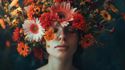 Woman with her head covered with flowers. Mental health, psychological treatment concept