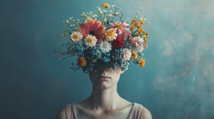 Woman with her head covered with flowers. Mental health, psychological treatment concept
