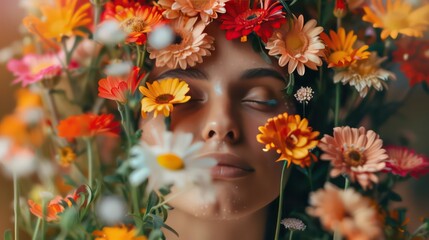 Woman with her head covered with flowers. Mental health, psychological treatment concept