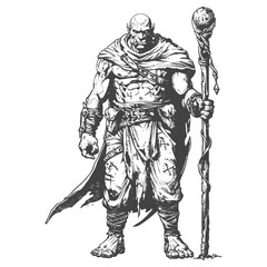 Fototapeta na wymiar orc mage with magical staff full body images using Old engraving style