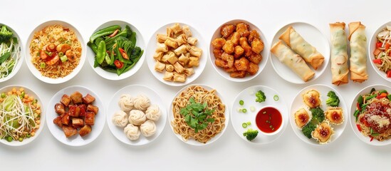 Chinese cuisine displayed against a white backdrop, featuring noodles, fried rice, dumplings, chicken stir-fry, dim sum, spring rolls, bean sprouts, and bok choy. - obrazy, fototapety, plakaty