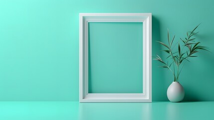 minimalist beauty of a white blank frame against a fresh mint green background, its simplicity and versatility captured in high resolution cinematic photography.
