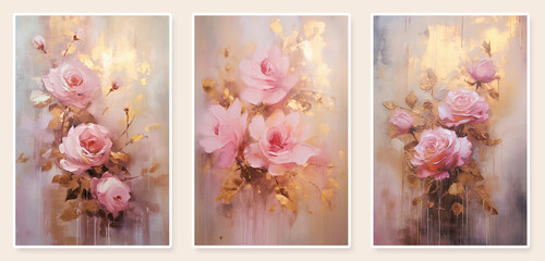 flower rose pink abstract, textured, shaded, pink and white leaves with touches of gold, oil painting for wall
